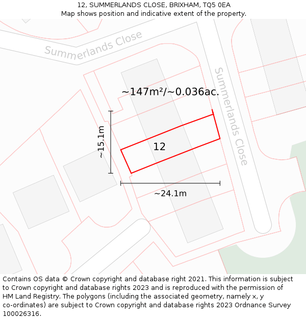 12, SUMMERLANDS CLOSE, BRIXHAM, TQ5 0EA: Plot and title map
