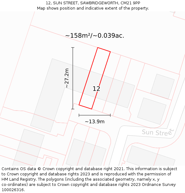 12, SUN STREET, SAWBRIDGEWORTH, CM21 9PP: Plot and title map