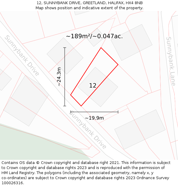 12, SUNNYBANK DRIVE, GREETLAND, HALIFAX, HX4 8NB: Plot and title map
