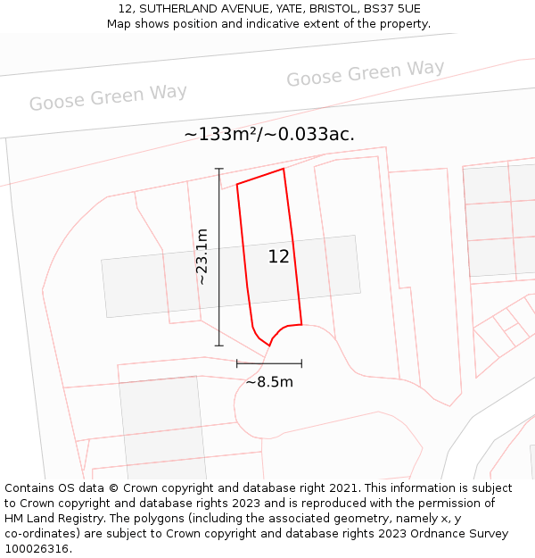 12, SUTHERLAND AVENUE, YATE, BRISTOL, BS37 5UE: Plot and title map