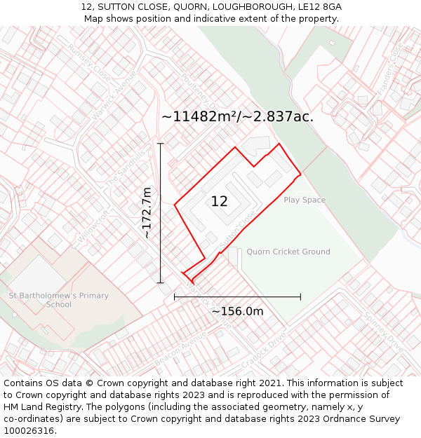 12, SUTTON CLOSE, QUORN, LOUGHBOROUGH, LE12 8GA: Plot and title map