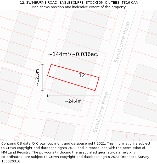 12, SWINBURNE ROAD, EAGLESCLIFFE, STOCKTON-ON-TEES, TS16 0AA: Plot and title map
