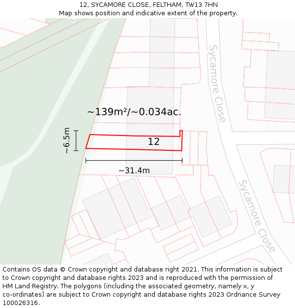12, SYCAMORE CLOSE, FELTHAM, TW13 7HN: Plot and title map
