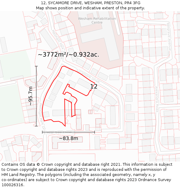 12, SYCAMORE DRIVE, WESHAM, PRESTON, PR4 3FG: Plot and title map