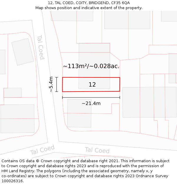 12, TAL COED, COITY, BRIDGEND, CF35 6QA: Plot and title map