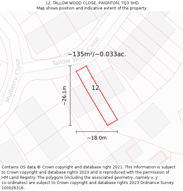 12, TALLOW WOOD CLOSE, PAIGNTON, TQ3 3HD: Plot and title map