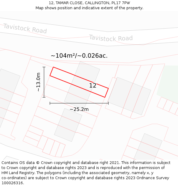 12, TAMAR CLOSE, CALLINGTON, PL17 7PW: Plot and title map