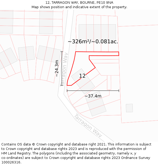 12, TARRAGON WAY, BOURNE, PE10 9NA: Plot and title map