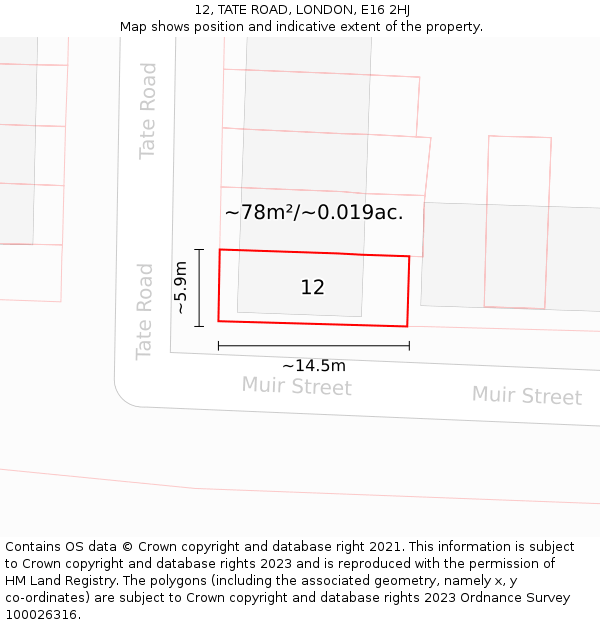 12, TATE ROAD, LONDON, E16 2HJ: Plot and title map