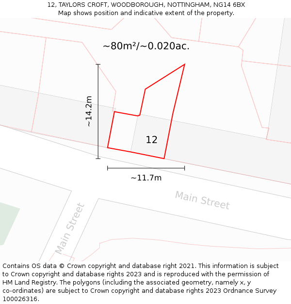 12, TAYLORS CROFT, WOODBOROUGH, NOTTINGHAM, NG14 6BX: Plot and title map