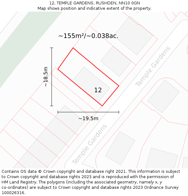 12, TEMPLE GARDENS, RUSHDEN, NN10 0GN: Plot and title map