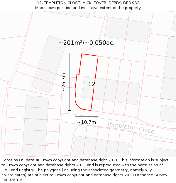 12, TEMPLETON CLOSE, MICKLEOVER, DERBY, DE3 9DR: Plot and title map