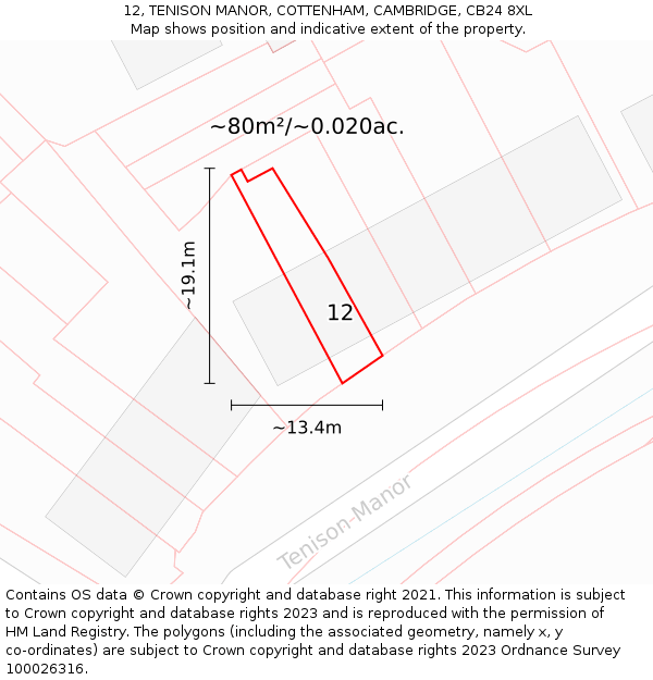 12, TENISON MANOR, COTTENHAM, CAMBRIDGE, CB24 8XL: Plot and title map