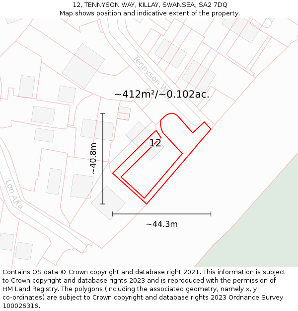 12, TENNYSON WAY, KILLAY, SWANSEA, SA2 7DQ: Plot and title map