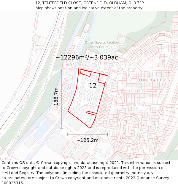 12, TENTERFIELD CLOSE, GREENFIELD, OLDHAM, OL3 7FP: Plot and title map