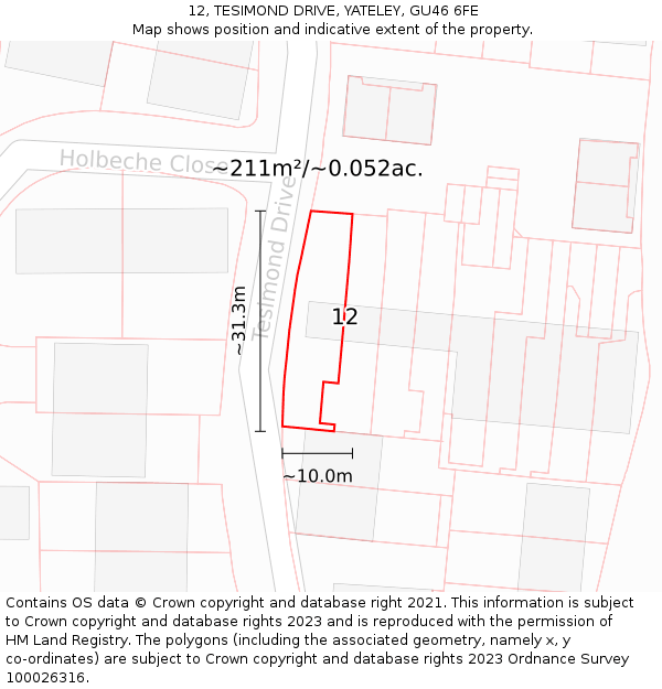 12, TESIMOND DRIVE, YATELEY, GU46 6FE: Plot and title map
