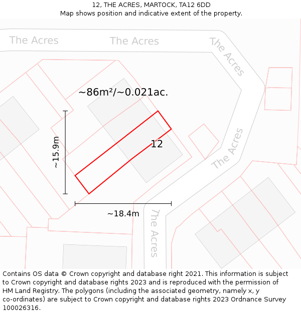 12, THE ACRES, MARTOCK, TA12 6DD: Plot and title map