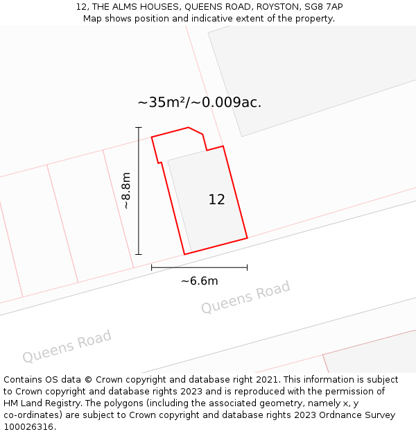 12, THE ALMS HOUSES, QUEENS ROAD, ROYSTON, SG8 7AP: Plot and title map