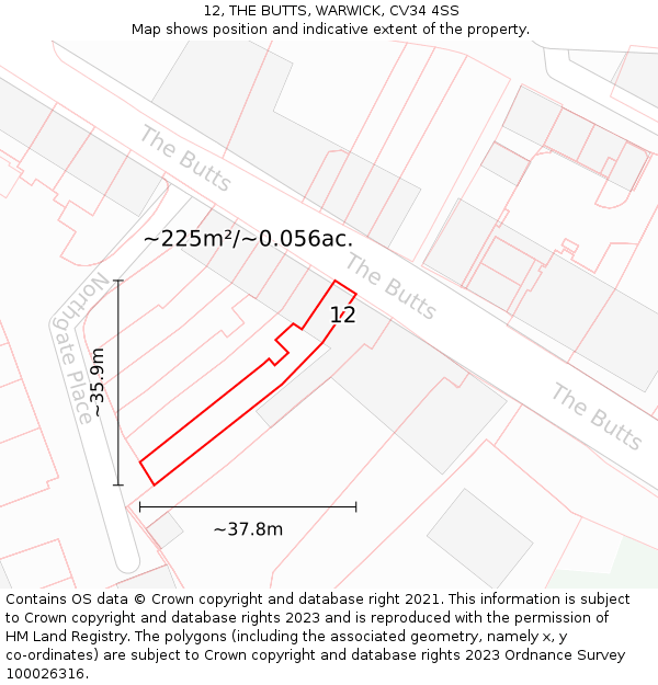 12, THE BUTTS, WARWICK, CV34 4SS: Plot and title map