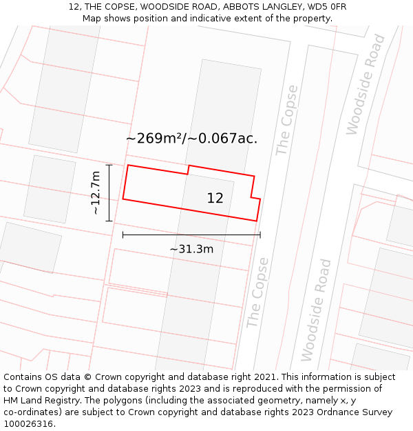 12, THE COPSE, WOODSIDE ROAD, ABBOTS LANGLEY, WD5 0FR: Plot and title map