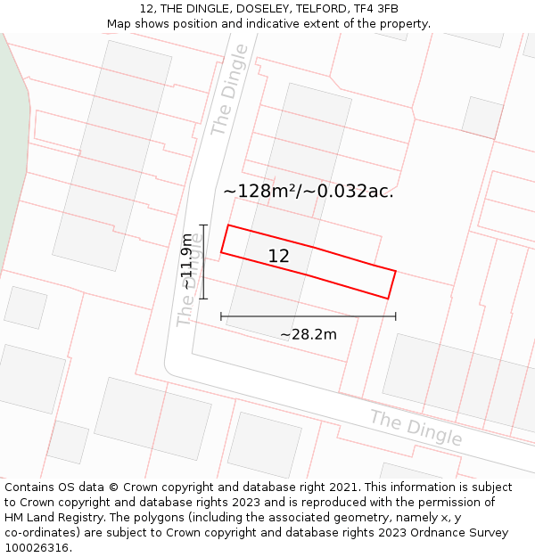12, THE DINGLE, DOSELEY, TELFORD, TF4 3FB: Plot and title map
