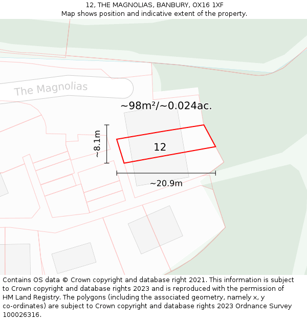 12, THE MAGNOLIAS, BANBURY, OX16 1XF: Plot and title map