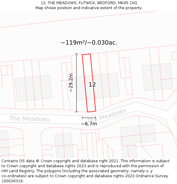 12, THE MEADOWS, FLITWICK, BEDFORD, MK45 1XQ: Plot and title map
