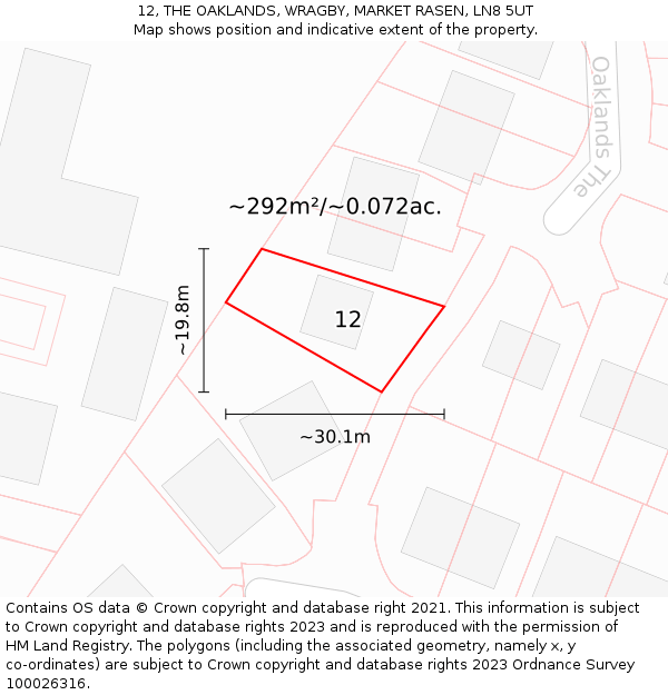 12, THE OAKLANDS, WRAGBY, MARKET RASEN, LN8 5UT: Plot and title map
