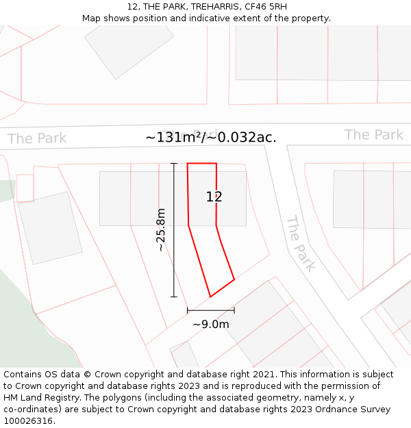 12, THE PARK, TREHARRIS, CF46 5RH: Plot and title map