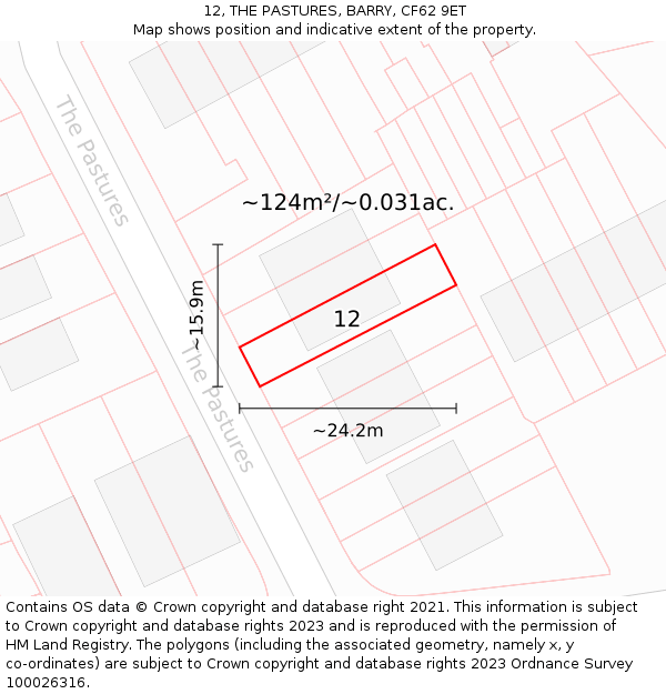 12, THE PASTURES, BARRY, CF62 9ET: Plot and title map