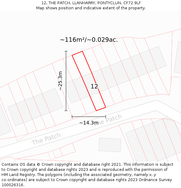 12, THE PATCH, LLANHARRY, PONTYCLUN, CF72 9LF: Plot and title map