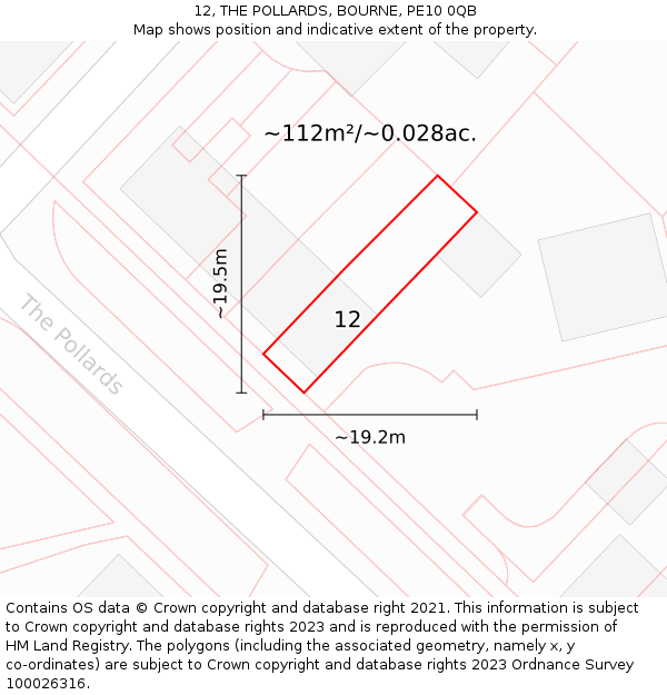 12, THE POLLARDS, BOURNE, PE10 0QB: Plot and title map