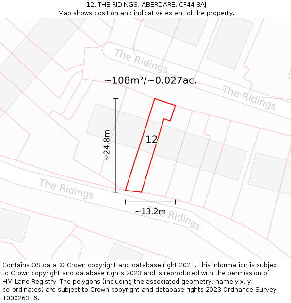 12, THE RIDINGS, ABERDARE, CF44 8AJ: Plot and title map