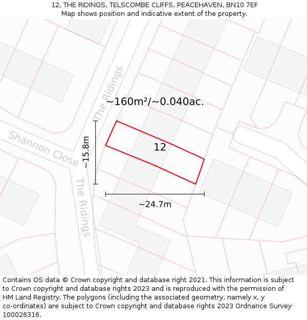 12, THE RIDINGS, TELSCOMBE CLIFFS, PEACEHAVEN, BN10 7EF: Plot and title map