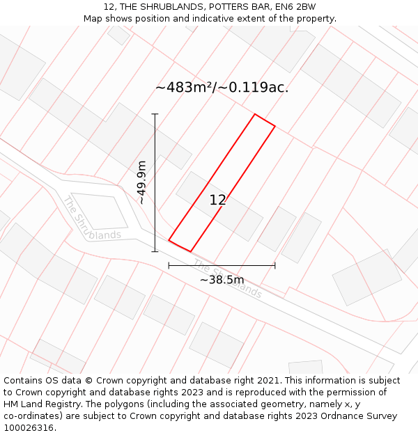 12, THE SHRUBLANDS, POTTERS BAR, EN6 2BW: Plot and title map
