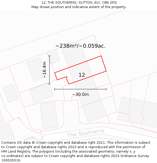 12, THE SOUTHERNS, SUTTON, ELY, CB6 2PQ: Plot and title map