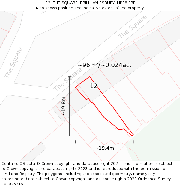 12, THE SQUARE, BRILL, AYLESBURY, HP18 9RP: Plot and title map