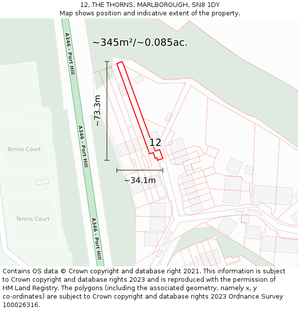 12, THE THORNS, MARLBOROUGH, SN8 1DY: Plot and title map