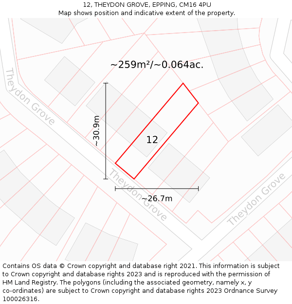 12, THEYDON GROVE, EPPING, CM16 4PU: Plot and title map