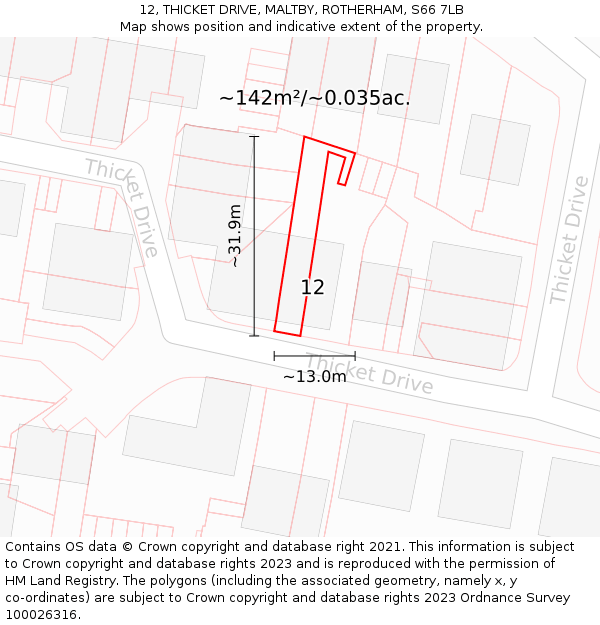 12, THICKET DRIVE, MALTBY, ROTHERHAM, S66 7LB: Plot and title map