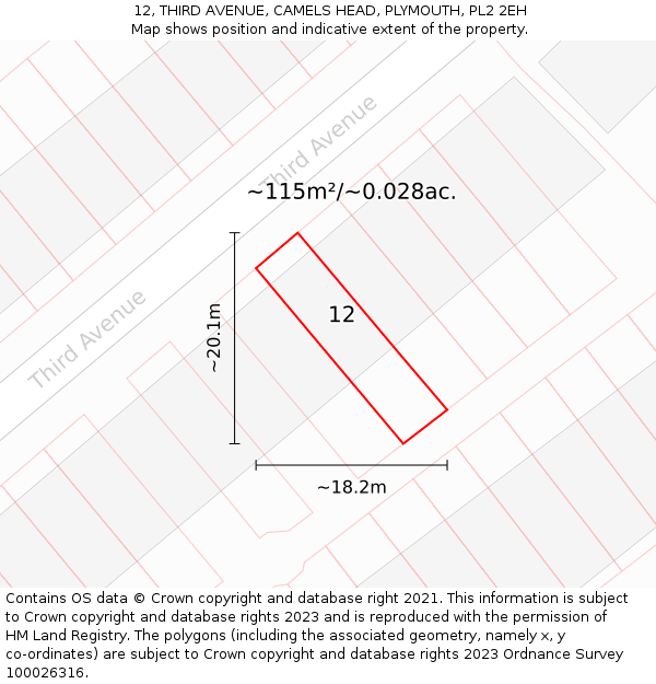 12, THIRD AVENUE, CAMELS HEAD, PLYMOUTH, PL2 2EH: Plot and title map