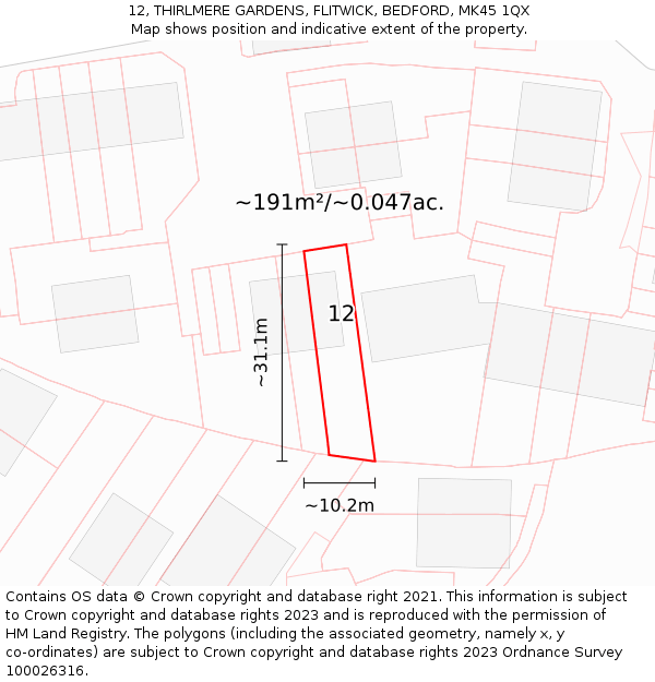 12, THIRLMERE GARDENS, FLITWICK, BEDFORD, MK45 1QX: Plot and title map