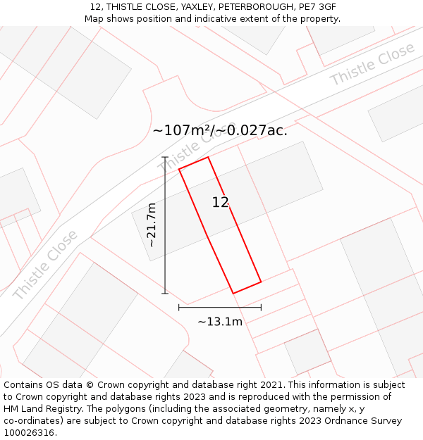 12, THISTLE CLOSE, YAXLEY, PETERBOROUGH, PE7 3GF: Plot and title map