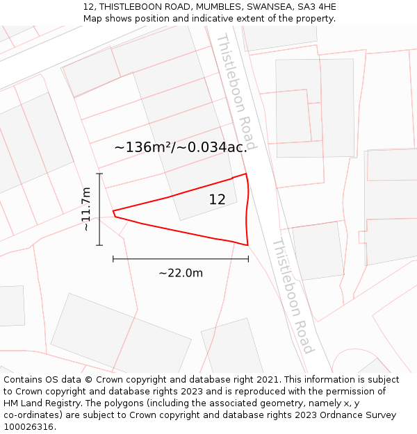 12, THISTLEBOON ROAD, MUMBLES, SWANSEA, SA3 4HE: Plot and title map