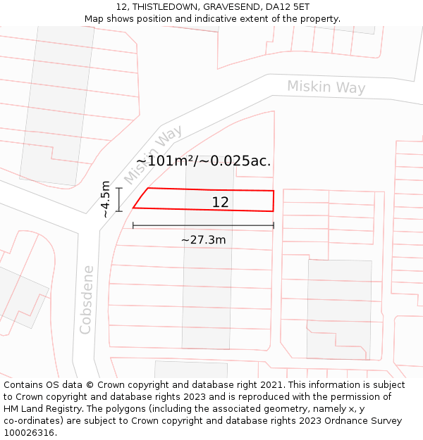 12, THISTLEDOWN, GRAVESEND, DA12 5ET: Plot and title map