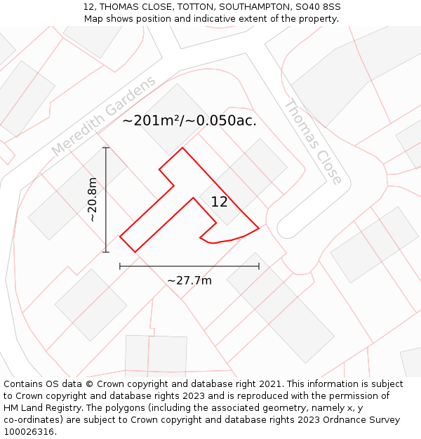 12, THOMAS CLOSE, TOTTON, SOUTHAMPTON, SO40 8SS: Plot and title map