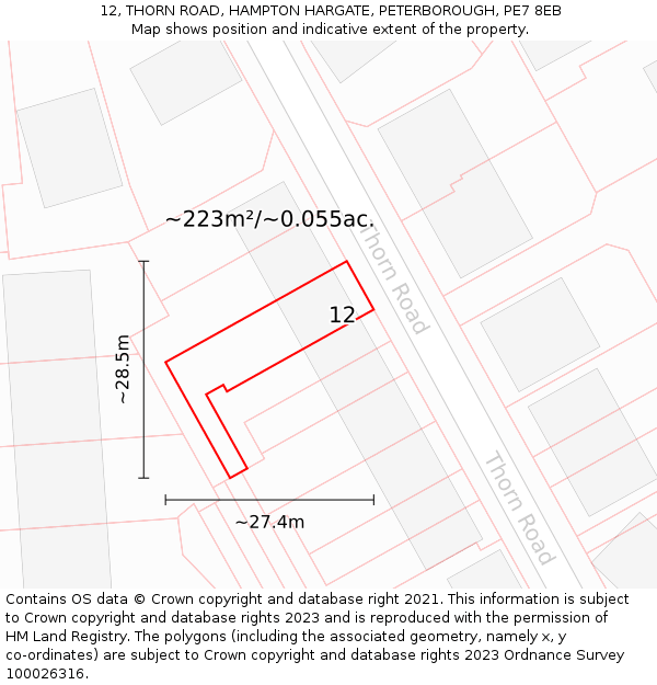 12, THORN ROAD, HAMPTON HARGATE, PETERBOROUGH, PE7 8EB: Plot and title map