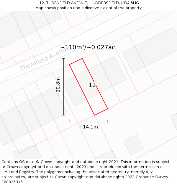 12, THORNFIELD AVENUE, HUDDERSFIELD, HD4 5HG: Plot and title map