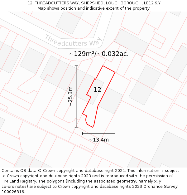 12, THREADCUTTERS WAY, SHEPSHED, LOUGHBOROUGH, LE12 9JY: Plot and title map