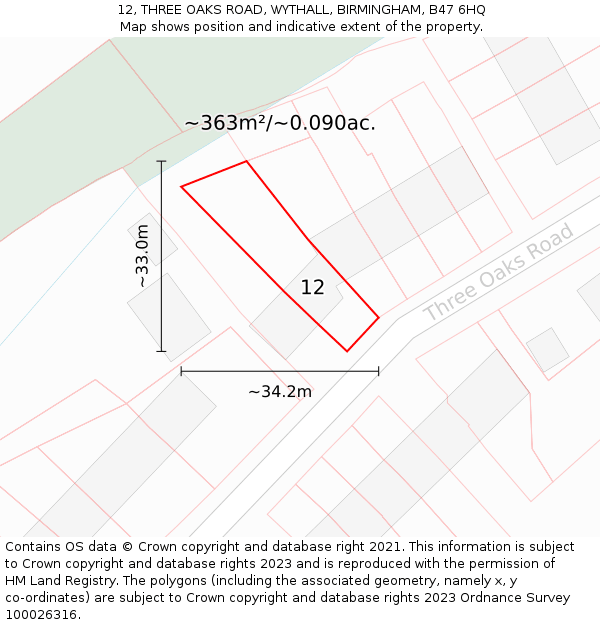 12, THREE OAKS ROAD, WYTHALL, BIRMINGHAM, B47 6HQ: Plot and title map